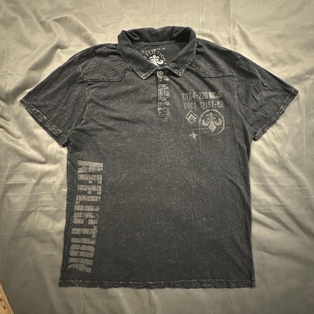 Affliction Polo Live Fast Graphic Tee Y2K Mens XL Gray Made in USA Biker Grunge